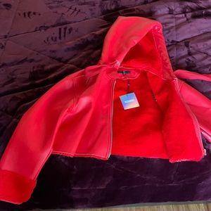 Red leather cropped hooded Misguided jacket